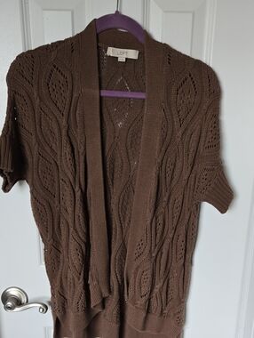 LOFT Brown Open-Front Cable-Knit Short-Sleeve Cardigan